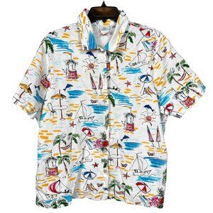 Hot Cotton Linen Top Womens 1X White Colorful Beachy Button Up Resort Vacation